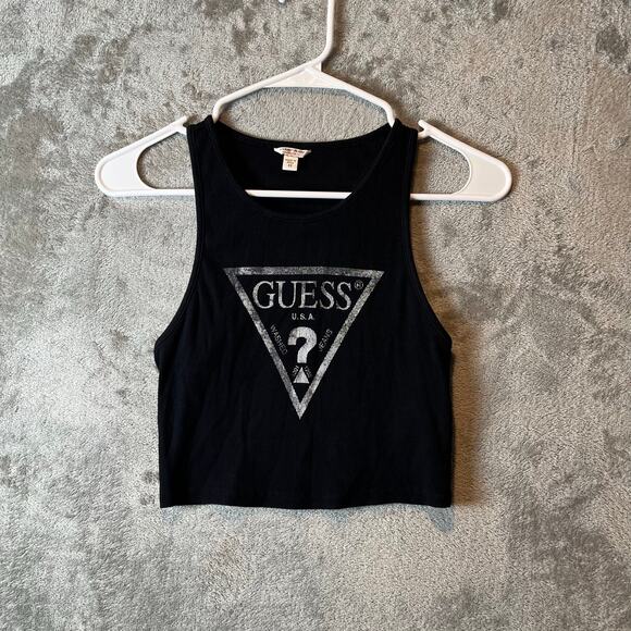 Vintage GUESS Black Ribbed Cropped Tank Top Y2K Streetwear Size XS Baddie - Picture 1 of 5
